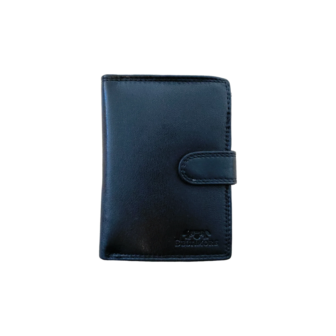 Personalized black leather wallet with button closure, men's gift accessory