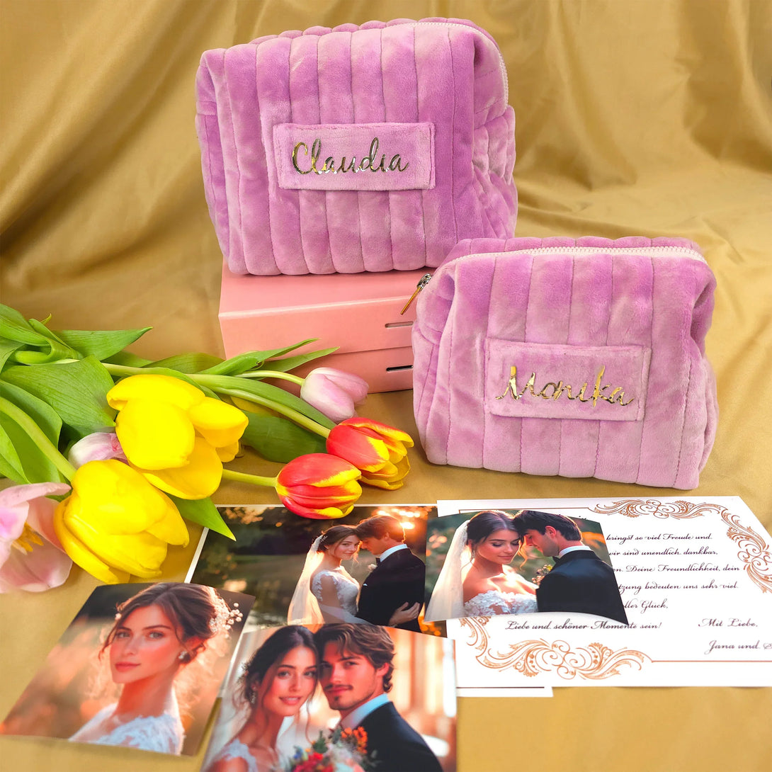 Personalized pink velvet pouches with names Claudia and Monika, gift set with tulips and wedding photos