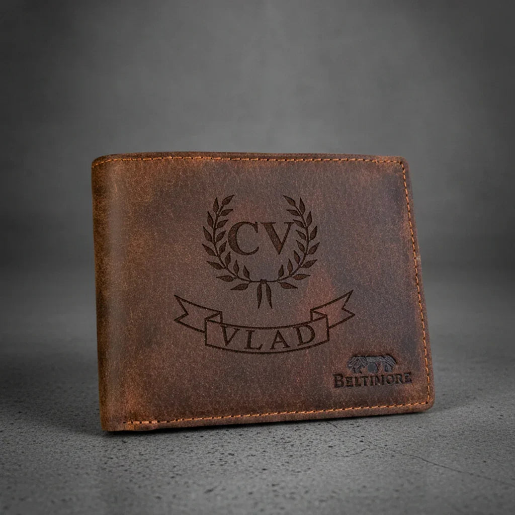 Personalized brown leather wallet for men with engraved initials CV and name Vlad