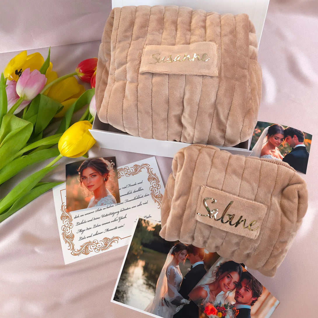 Personalized beige plush pouch gift set named Susanne and Sabine with flowers and wedding photos