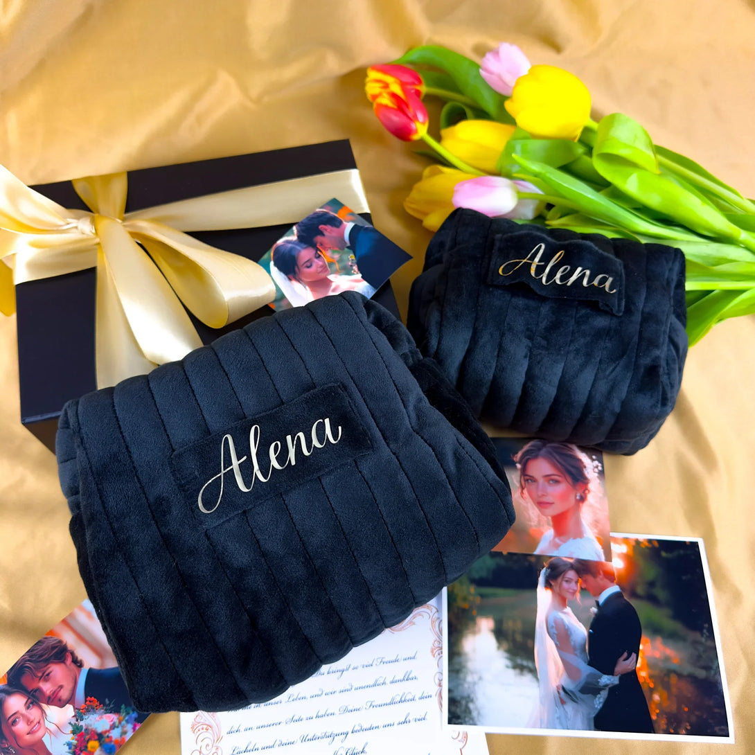 Personalized black leather wallet and belt gift set for men with name Alena and flowers