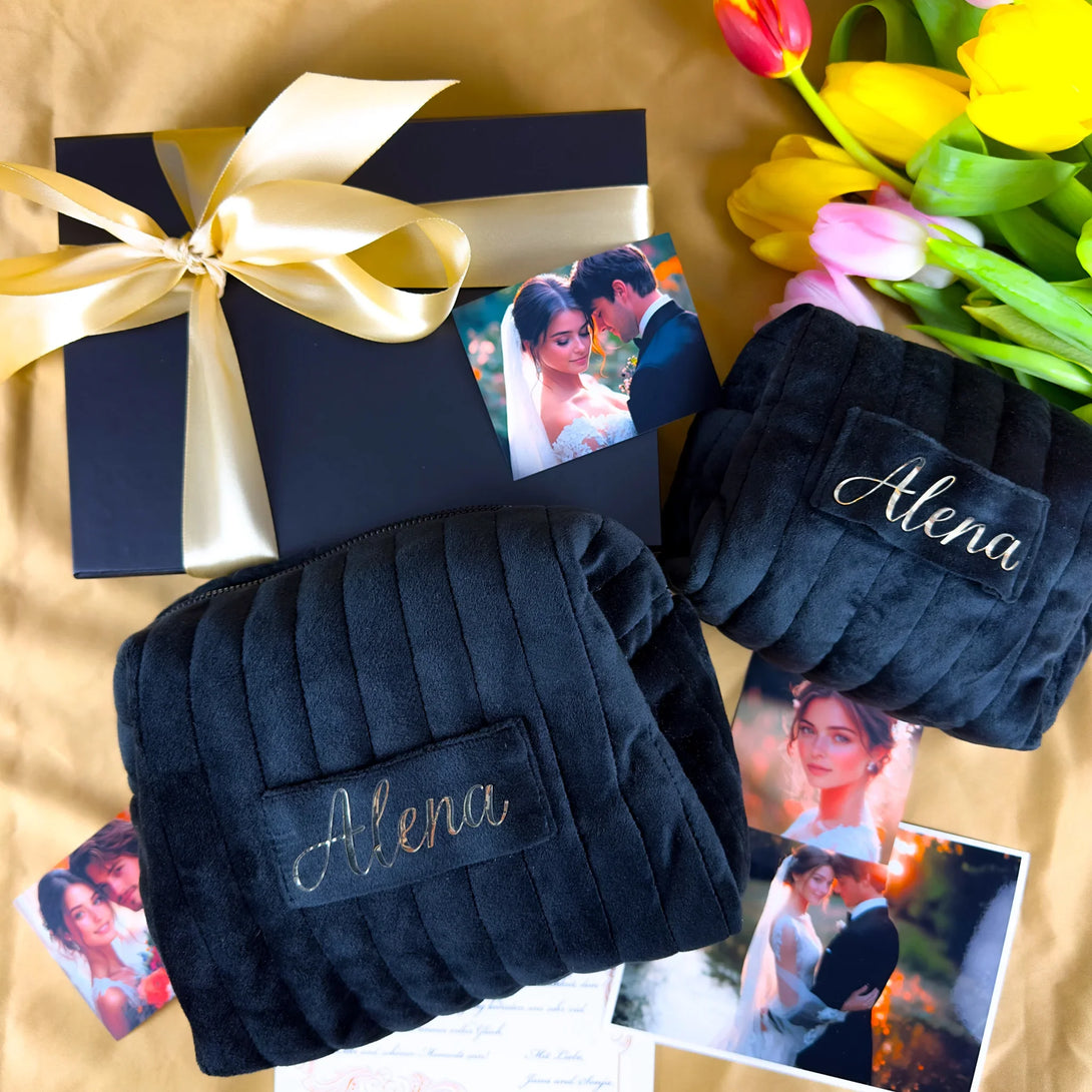 Personalized black leather wallet and belt gift set for men with gold name engraving and photo cards