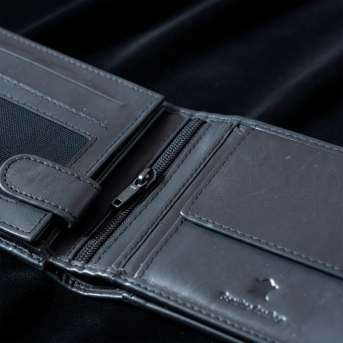 Personalized leather wallet for men with zippered compartment, card slots, and ID window