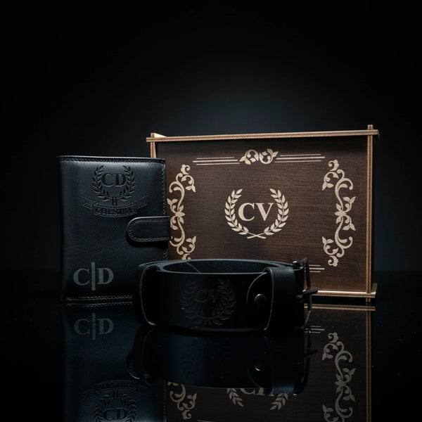 Personalized black leather wallet and belt gift set for men with initial monogram and decorative box
