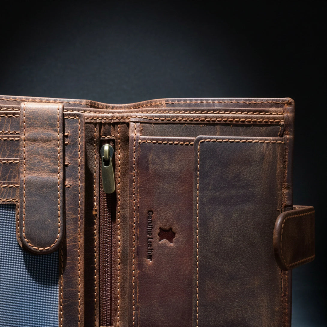 Personalized brown leather wallet with zipper pocket, embossed genuine leather, men gift